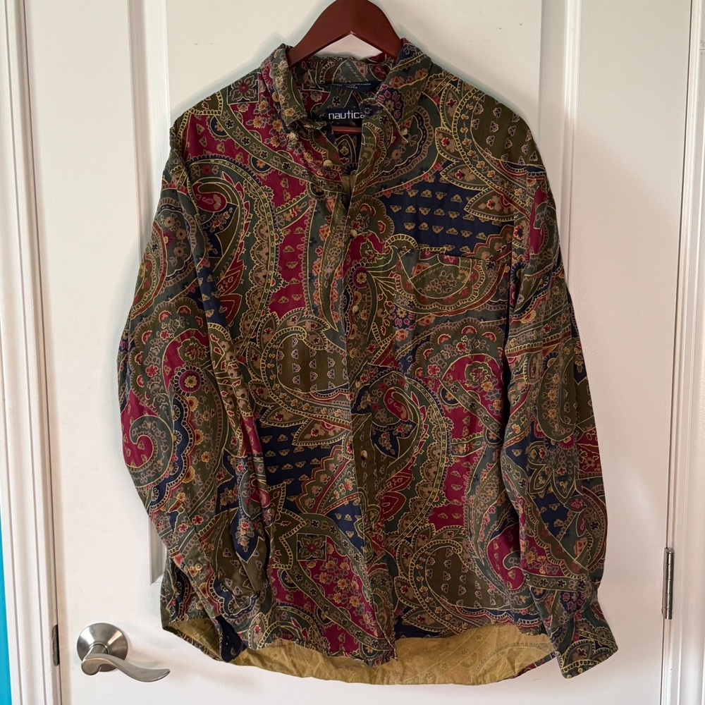 Vintage Nautica Mens Paisley Long Sleeve Cotton Button Up Boho Retro 70s Shirt M - Picture 2 of 8